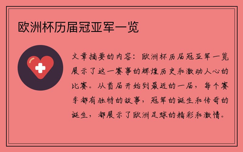 欧洲杯历届冠亚军一览