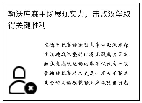 勒沃库森主场展现实力，击败汉堡取得关键胜利