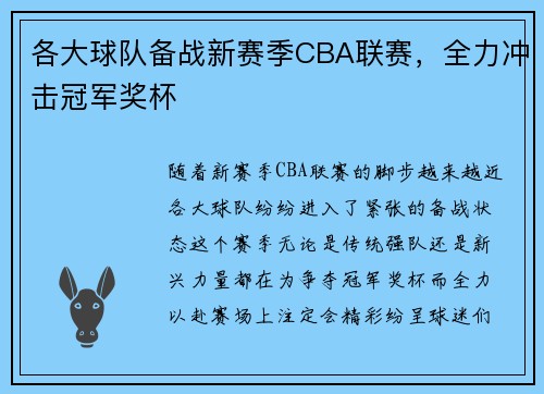 各大球队备战新赛季CBA联赛，全力冲击冠军奖杯